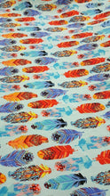 Load image into Gallery viewer, Rayon Challis Fabric By The Yard Feather Multicolor Blue Background Soft Flowy
