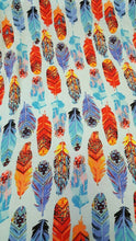 Load image into Gallery viewer, Rayon Challis Fabric By The Yard Feather Multicolor Blue Background Soft Flowy
