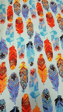 Load image into Gallery viewer, Rayon Challis Fabric By The Yard Feather Multicolor Blue Background Soft Flowy
