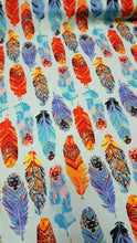 Load image into Gallery viewer, Rayon Challis Fabric By The Yard Feather Multicolor Blue Background Soft Flowy
