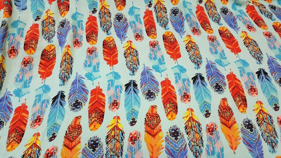 Rayon Challis Fabric By The Yard Feather Multicolor Blue Background Soft Flowy