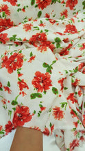 Load image into Gallery viewer, Rayon Challis Fabric By The Yard Red Floral Ivory Background Soft Flowy Organic
