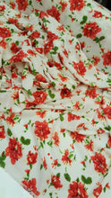 Load image into Gallery viewer, Rayon Challis Fabric By The Yard Red Floral Ivory Background Soft Flowy Organic
