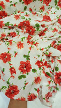 Load image into Gallery viewer, Rayon Challis Fabric By The Yard Red Floral Ivory Background Soft Flowy Organic
