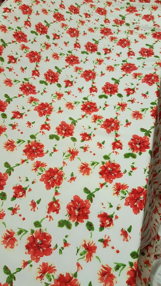 Rayon Challis Fabric By The Yard Red Floral Ivory Background Soft Flowy Organic