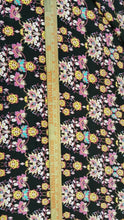 Load image into Gallery viewer, Rayon Challis Fabric By Yard Pink Yellow Asian Inspired Flower Black Background
