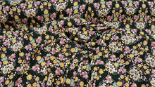 Load image into Gallery viewer, Rayon Challis Fabric By Yard Pink Yellow Asian Inspired Flower Black Background
