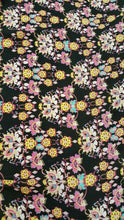 Load image into Gallery viewer, Rayon Challis Fabric By Yard Pink Yellow Asian Inspired Flower Black Background
