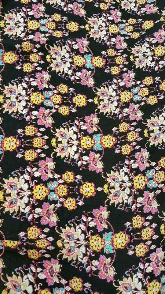 Rayon Challis Fabric By Yard Pink Yellow Asian Inspired Flower Black Background