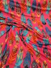 Load image into Gallery viewer, Rayon Stretch Jersey Knit Fabric Beautiful Aquarella Feathers On Pink Background
