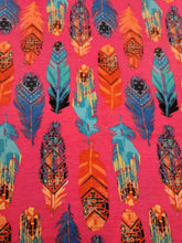 Load image into Gallery viewer, Rayon Stretch Jersey Knit Fabric Beautiful Aquarella Feathers On Pink Background
