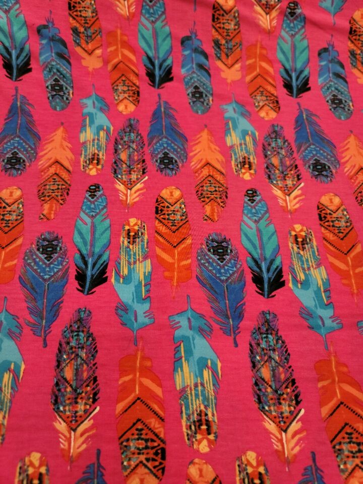 Rayon Stretch Jersey Knit Fabric Beautiful Aquarella Feathers On Pink Background