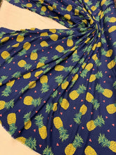 Load image into Gallery viewer, Woven Rayon Challis Fabric By The Yard Yellow Pineapple Royal blue background
