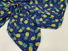 Load image into Gallery viewer, Woven Rayon Challis Fabric By The Yard Yellow Pineapple Royal blue background
