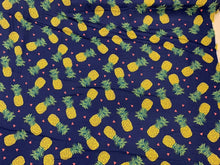 Load image into Gallery viewer, Woven Rayon Challis Fabric By The Yard Yellow Pineapple Royal blue background
