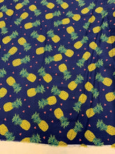 Load image into Gallery viewer, Woven Rayon Challis Fabric By The Yard Yellow Pineapple Royal blue background
