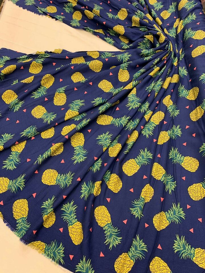 Woven Rayon Challis Fabric By The Yard Yellow Pineapple Royal blue background