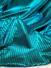 Load image into Gallery viewer, Teal Stretch Fabric By the Yard Metallic Square Pattern Spandex Foil
