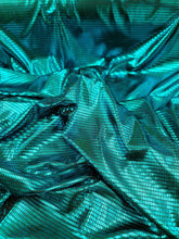 Load image into Gallery viewer, Teal Stretch Fabric By the Yard Metallic Square Pattern Spandex Foil
