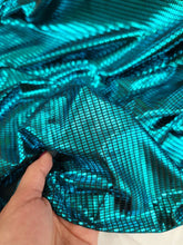 Load image into Gallery viewer, Teal Stretch Fabric By the Yard Metallic Square Pattern Spandex Foil
