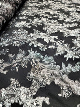 Load image into Gallery viewer, Brocade Black Organza Metallic Silver Floral Flower Prom Fabric Sold by The Yard
