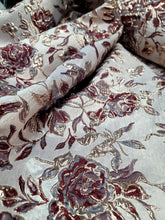 Load image into Gallery viewer, GRAY BURGUNDY Floral Brocade Upholstery Drapery Fabric Sold By The Yard For Dres
