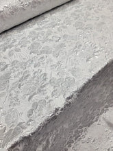 Load image into Gallery viewer, White Jacquard Brocade Metallic Silver Flower Floral Fabric By the Yard

