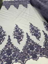 Load image into Gallery viewer, Lavender Amethyst Lace Fabric Beaded Flower Embroidery Sequins Fabric By The Yar
