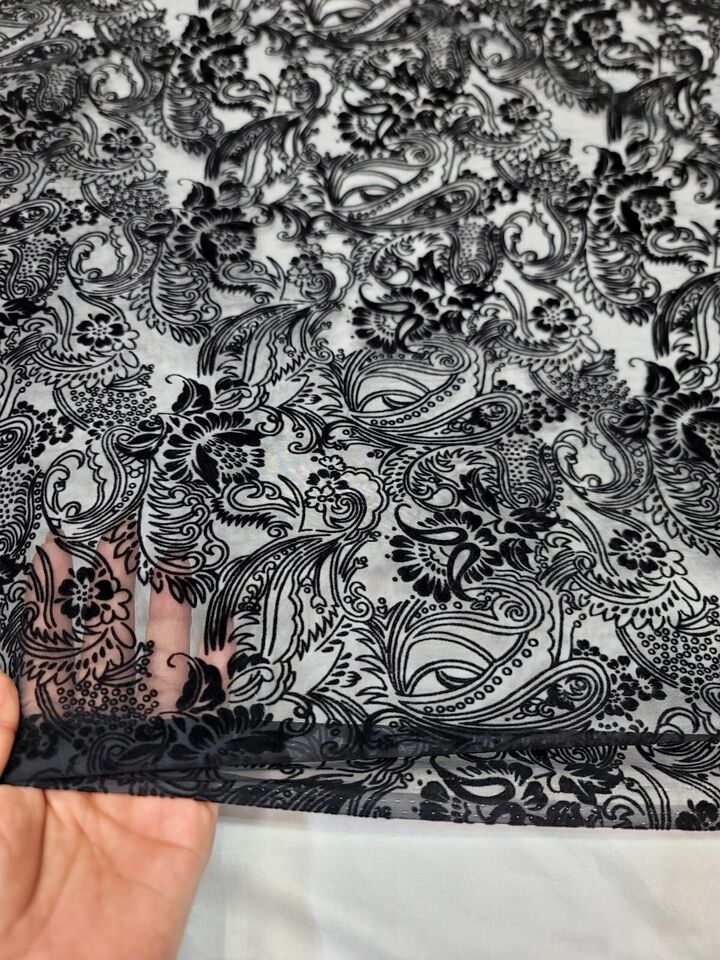 BLACK Silk Burn Out Velvet Fabric Sold By The Yard Paisley Pattern 45