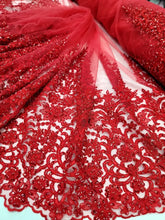 Load image into Gallery viewer, Red Embroidery Beaded Sequins Bridal Lace 50” Width Fabric Sold By The Yard
