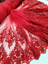 Load image into Gallery viewer, Red Embroidery Beaded Sequins Bridal Lace 50” Width Fabric Sold By The Yard
