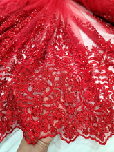 Load image into Gallery viewer, Red Embroidery Beaded Sequins Bridal Lace 50” Width Fabric Sold By The Yard
