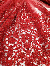 Load image into Gallery viewer, Red Embroidery Beaded Sequins Bridal Lace 50” Width Fabric Sold By The Yard
