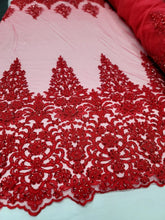 Load image into Gallery viewer, Red Embroidery Beaded Sequins Bridal Lace 50” Width Fabric Sold By The Yard
