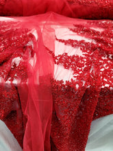 Load image into Gallery viewer, Red Embroidery Beaded Sequins Bridal Lace 50” Width Fabric Sold By The Yard
