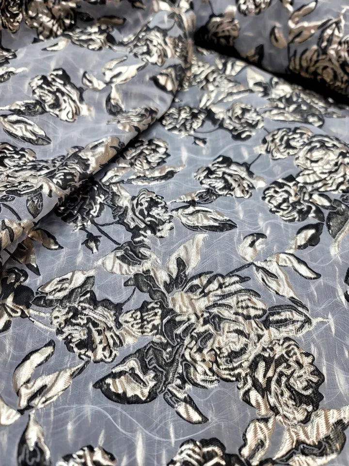 Brocade Flower Floral Fabric By the Yard Black Gold EMBOSSED FOR DRESS PROM