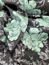 Load image into Gallery viewer, SAGE GREEN Floral BLACK Brocade Fabric Sold By The Yard Silver Metallic Leaves
