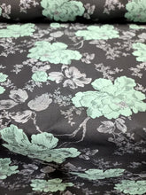 Load image into Gallery viewer, SAGE GREEN Floral BLACK Brocade Fabric Sold By The Yard Silver Metallic Leaves
