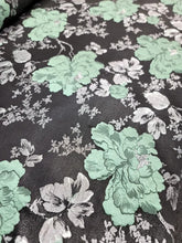 Load image into Gallery viewer, SAGE GREEN Floral BLACK Brocade Fabric Sold By The Yard Silver Metallic Leaves
