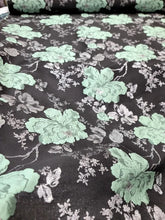 Load image into Gallery viewer, SAGE GREEN Floral BLACK Brocade Fabric Sold By The Yard Silver Metallic Leaves
