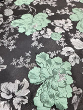 Load image into Gallery viewer, SAGE GREEN Floral BLACK Brocade Fabric Sold By The Yard Silver Metallic Leaves
