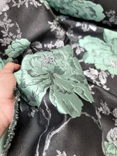 Load image into Gallery viewer, SAGE GREEN Floral BLACK Brocade Fabric Sold By The Yard Silver Metallic Leaves
