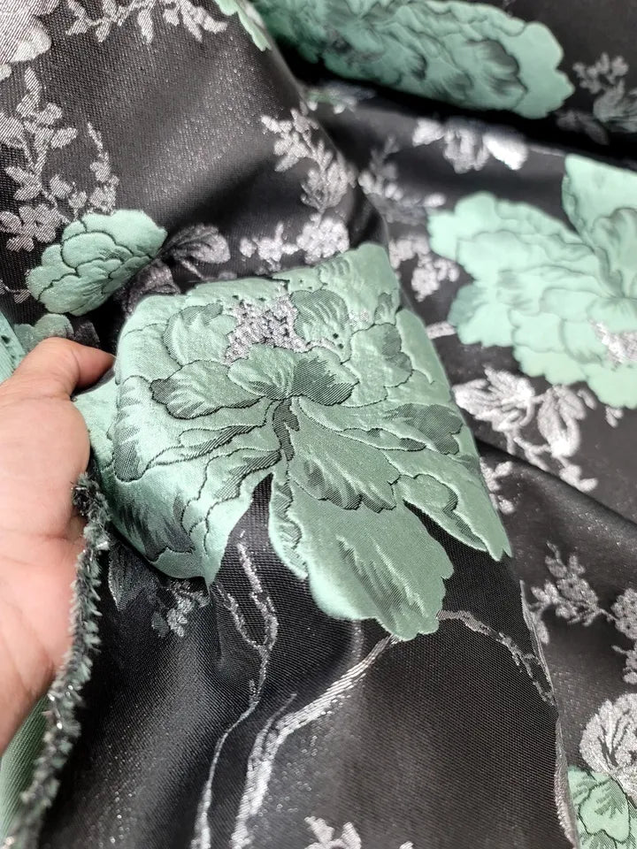 SAGE GREEN Floral BLACK Brocade Fabric Sold By The Yard Silver Metallic Leaves