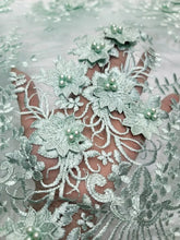 Load image into Gallery viewer, Sage 3D Floral Design Embroidered With Pearls in a Mesh Lace Fabric By Yard Prom
