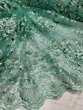 Load image into Gallery viewer, Sage 3D Floral Design Embroidered With Pearls in a Mesh Lace Fabric By Yard Prom
