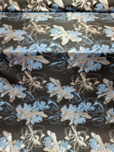 Load image into Gallery viewer, Silver Blue Floral Brocade Fabric Sold By The Yard Black Background For Dress
