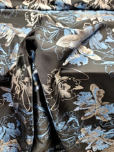 Load image into Gallery viewer, Silver Blue Floral Brocade Fabric Sold By The Yard Black Background For Dress
