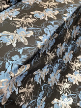 Load image into Gallery viewer, Silver Blue Floral Brocade Fabric Sold By The Yard Black Background For Dress
