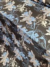 Load image into Gallery viewer, Silver Blue Floral Brocade Fabric Sold By The Yard Black Background For Dress
