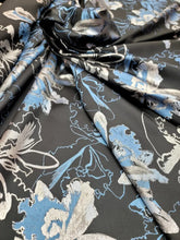 Load image into Gallery viewer, Silver Blue Floral Brocade Fabric Sold By The Yard Black Background For Dress
